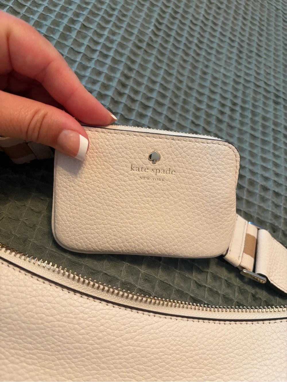 kate spade Cream Pebbled Leather Crossbody with Striped Strap and Coin Pouch
